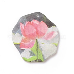 Acrylic Pendants, 3D Printed, Polygon, Flower Pattern, 36x33.5x2.5mm, Hole: 1.8mm