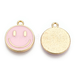 Colgantes de esmalte de aleación de tono dorado claro, ronda plana con amuletos de cara sonriente, rosa, 19x16x1.5mm, agujero: 1.8 mm
