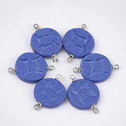 Connecteurs de liens en porcelaine faits à la main, mat, avec les accessoires en laiton, plat rond avec constellation, platine, bleu, gemini, 22x15~15.5x3mm, Trou: 1.5mm