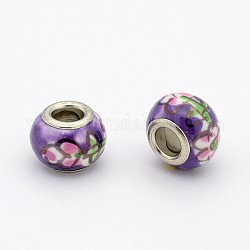 Handmade Porcelain Large Hole Rondelle European Beads, with Platinum Brass Double Cores, Blue Violet, 13x10mm, Hole: 4mm
