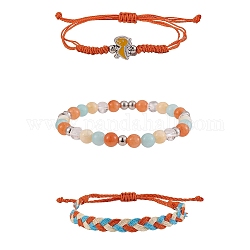Waxed Polyester String Braided Cord Bracelets Set, Natural Mixed Stone Bracelets with Dinosaur for Women, Orange, Inner Diameter: 1-3/4~3-3/4 inch(2~9.5cm), 3pcs/set