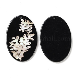 Opaque Flower Pattern Acrylic Pendants, with Shell, Black, Oval, 40x26.5x2.4mm, Hole: 1.8mm