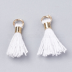 Polycotton(Polyester Cotton) Tassel Pendant Decorations, Mini Tassel, with Brass Findings, Light Gold, White, 10~15x3~4mm, Hole: 2mm