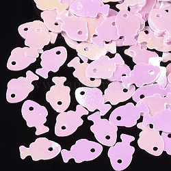 Accesorios del ornamento, encantos de lentejuelas / paillette de plástico pvc, pescado, rosa, 8x5x0.3mm, agujero: 0.8 mm, aproximamente 25000 unidades / 500 g