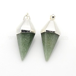 Bicone Natural Green Aventurine Pendants with Silver Tone Brass Findings, 37x14x14mm, Hole: 8x5mm