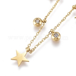 304 aus rostfreiem Stahl Halsketten, mit klaren Zirkonia, Kabelketten und runde Perlen, Stern, golden, 16.34 Zoll (41.5 cm)