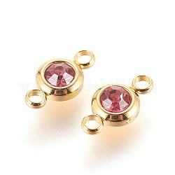 304 conectores de eslabones de rhinestone de acero inoxidable, plano y redondo, dorado, rosa, 12x6.5x4mm, agujero: 2 mm