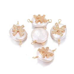 Natural Pearl Links connectors, with Brass Micro Pave Cubic Zirconia Findings, Flat Round with Constellation, Golden, Clear, Pisces, 20~26x9~17x5~11mm, Hole: 1.6mm