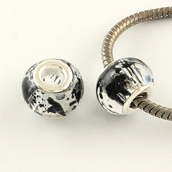 Rondelle Spray Painted Glass European Beads, with Silver Color Plated Brass Cores, Large Hole Beads, Black, 15x11mm, Hole: 5mm