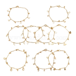 Placage sous vide 304 bracelets à breloques en acier inoxydable, formes mixtes, or, 8.27~10.04 pouce (210~255 mm)
