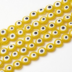 Handmade Evil Eye Lampwork Beads Strands, Flat Round, Yellow, 10x4mm, Hole: 1mm, about 38pcs/strand, 14 inch