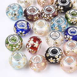 Glass European Beads, Large Hole Beads, with Platinum Tone Brass Double Cores, Rondelle with Sakura, Mixed Color, 14x10~11mm, Hole: 5mm