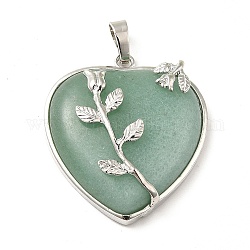 Coeur naturel pendentifs aventurine vert, avec pendentifs en laiton plaqué platine, 42~46x31~33mm, Trou: 6mm