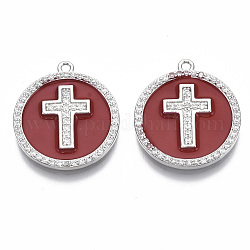 Brass Micro Pave Cubic Zirconia Pendants, with Enamel, Nickel Free, Flat Round with Cross, Clear, Real Platinum Plated, Clear, Red, 22.5x20x2mm, Hole: 1.5mm