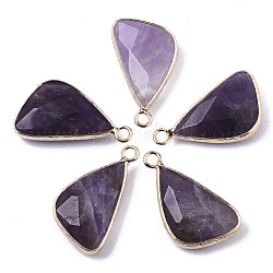 Natural Amethyst Pendants, with Light Gold Plated Brass Edge and Loop, Triangle, Faceted, 25~26x16x6mm, Hole: 2.5mm