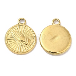 Ion Plating(IP) 304 Stainless Steel Pendants, Flat Round with Praying Hands Charm, Real 18K Gold Plated, 19x16x2mm, Hole: 2mm
