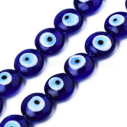 Chapelets de perles vernissées manuelles, plat rond, bleu moyen, 14~16x16~17x8.5~9mm, Trou: 1mm, Environ 25 pcs/chapelet, 14.96 pouce (38 cm)