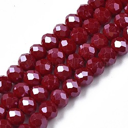 Abalorios de vidrio electroplate hebras, lustre de la perla chapado, facetados, rerondana plana, de color rojo oscuro, 3.5x3mm, agujero: 0.4 mm, aproximamente 123~127 pcs / cadena, 13.7~14.1 pulgada (35~36 cm)