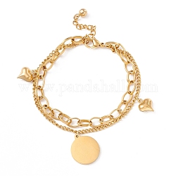 304 Stainless Steel Chain Multi-strand Bracelet with Flat Round & Heart Charms for Women, Golden, 7-1/8 inch(18.2cm)
