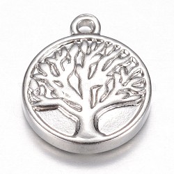 304 Stainless Steel Pendants, Flat Round, Tree of Life, Stainless Steel Color, 16x13x3mm, Hole: 1mm