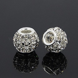 Brass Rhinestone European Beads, Large Hole Beads, Rondelle, Silver Color Plated, Crystal, 12x10mm, Hole: 4mm
