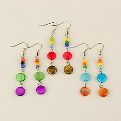 Fashion Shell Earrings, with Glass Seed Beads and Brass Earring Hooks, Mixed Color, 60mm