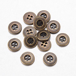 Botones de la aleación, 4 agujero, plano y redondo, estilo tibetano, Bronce antiguo, 10x2mm, agujero: 1 mm