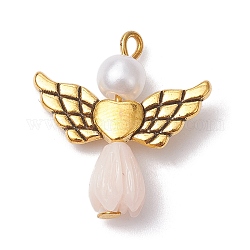 Pendenti di perle imitazione resina, Ciondoli di angelo rosa con ali di cuore in lega placcata oro antico, bianco, 23.5~24x22x6.5mm, Foro: 1.8~2.2 mm