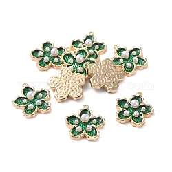 Enamel Pendants, with Brass Findings and Acrylic Pearl, Real 18K Gold Plated, Flower, Green, 16.5x15x4mm, Hole: 1mm