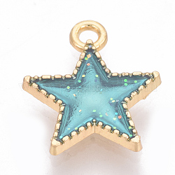 Charms del esmalte de la aleación, estrella, dorado, turquesa oscuro, 15x13x2mm, agujero: 1 mm