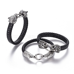 Bracelets en cuir tressé, avec accessoires en 304 acier inoxydable, formes mixtes, noir, argent antique, 8-5/8 pouce ~ 9 pouces (22~23 cm)
