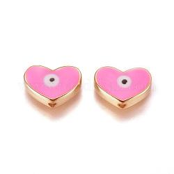 Perles en laiton doré, avec l'émail, coeur avec le mauvais œil, rose, 11x15x4.5mm, Trou: 1.6mm