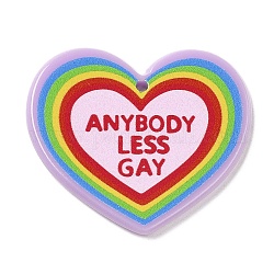 Ciondoli acrilico, cuore con la parola chiunque sia meno gay, orgoglio dei colori dell'arcobaleno, colorato, 31x35.5x2.5mm, Foro: 1.6 mm