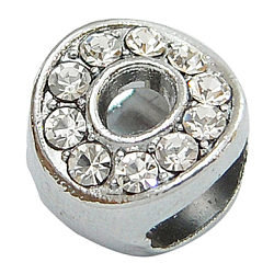 Perles de diapositives initiales, Perles de strass en alliage, couleur platine, lettre o, environ 9.5 mm de large, Longueur 10mm, épaisseur de 6.5mm, Trou: 3.5x7mm