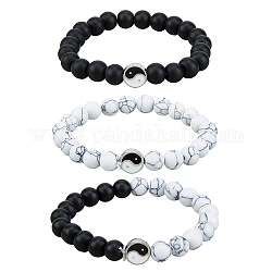 Fibloom 3 pz 3 stili set di braccialetti elasticizzati con perline di howlite naturale e pietra nera smerigliata, braccialetti impilabili in lega yin yang, in bianco e nero, diametro interno: 2-1/8~2-3/8 pollice (5.5~6 cm), 1pc / style