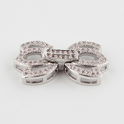 Flower Brass Micro Pave Cubic Zirconia Fold Over Clasps, Platinum, 24x12x4mm, Hole: 2x1mm