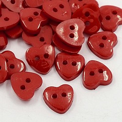 Boutons acryliques de cœur , boutons de couture en plastique pour la conception de costumes, 2-trou, teinte, rouge foncé, 12x12x3mm, Trou: 1mm