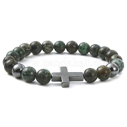 Bracelets extensibles en perles de turquoise africaine naturelle (jaspe) et d'hématite synthétique, diamètre intérieur: 2-1/8~2-1/4 pouce (5.5~5.7 cm)