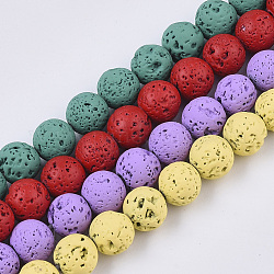 Brins de perles de pierre de lave naturelle peintes à la bombe, ronde, couleur mixte, 8~9mm, Trou: 0.7mm, Environ 47~48 pcs/chapelet, 15.75 pouce (40 cm)