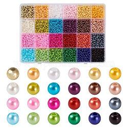 Perles en plastique ABS, avec 24 grilles contenants de stockage de perles en plastique, ronde, couleur mixte, 4mm, 145 pcs / couleur, 24 couleurs / boîte, 3480 pcs