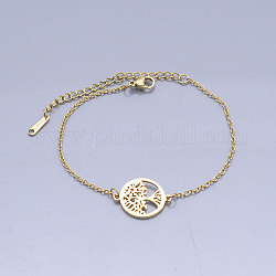 201 Stainless Steel Link Bracelets, with Lobster Claw Clasps, Tree of Life with Flat Round, Golden, 6-5/8 inch(16.8~16.9cm)