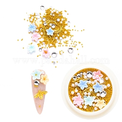 Accessoires nail art de décoration, avec des fleurs en résine et des cabochons en laiton et des micro-perles en acier et des perles d'imitation en plastique ABS et des strass en verre, formes mixtes, or, couleur mixte, 0.5~12x0.5~10x0.5~3mm