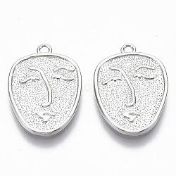 Brass Pendants, Nickel Free, Abstract Face, Real Platinum Plated, 19x13.5x1.5mm, Hole: 1.4mm