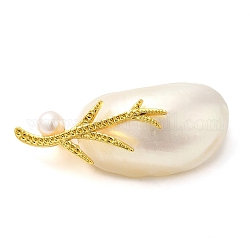 Oval Natural White Shell Brooches for Women, with Brass Pin & Pearl, Real Gold Plated, White, 24~24.5x49.5~57x14~18.5mm