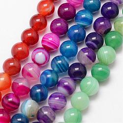 Natural Striped Agate/Banded Agate Bead Strands, Round, Grade A, Dyed & Heated, Mixed Color, 8mm, Hole: 1mm, about 47pcs/strand, 15 inch