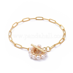 Bracelets de chaîne de trombone en laiton, avec perles de culture d'eau douce naturelles et 304 fermoir à bascule en acier inoxydable, or, 7-1/2 pouce (19 cm)