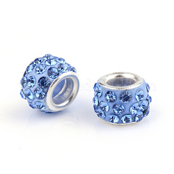 Perles européen avec strass en argile polymère, Perles avec un grand trou   , rondelle, avec noyaux en laiton plaqué couleur argent, saphir clair, 10~12x7~8mm, Trou: 5mm, strass: pp17 ((2.3~2.4mm)