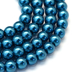 Abalorios de abalorios redondas de abalorios de vidrio perlado pintado para hornear, cadete azul, 8~9mm, agujero: 1 mm, aproximamente 105 pcs / cadena, 31.4 pulgada