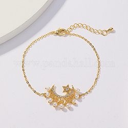 Messing-Mikropavé-Kubikzirkonia-Gliederarmbänder für Damen, mit Nachahmungen von Perlen, Mond & Sterne, echtes 18k vergoldet, 6-3/4 Zoll (17 cm)