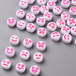Perles acryliques opaques blanches, plat rond avec l'expression, rose foncé, 7x4mm, Trou: 1.6mm, environ 3650 pcs/500 g